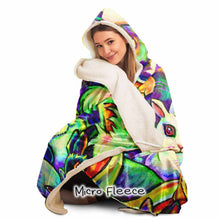 Load image into Gallery viewer, a woman wears the Bunny Lovers Rainbow Hooded Blanket, linked with micro fleece
