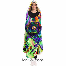 Load image into Gallery viewer, a woman wears the Bunny Lovers Rainbow Hooded Blanket, linked with micro fleece
