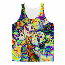 Load image into Gallery viewer, A unisex tank top featuring an all over print: a collage of several rabbit breeds in all the colours of the rainbow
