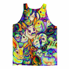 Load image into Gallery viewer, The back is a unisex tank top featuring an all over print: a collage of several rabbit breeds in all the colours of the rainbow
