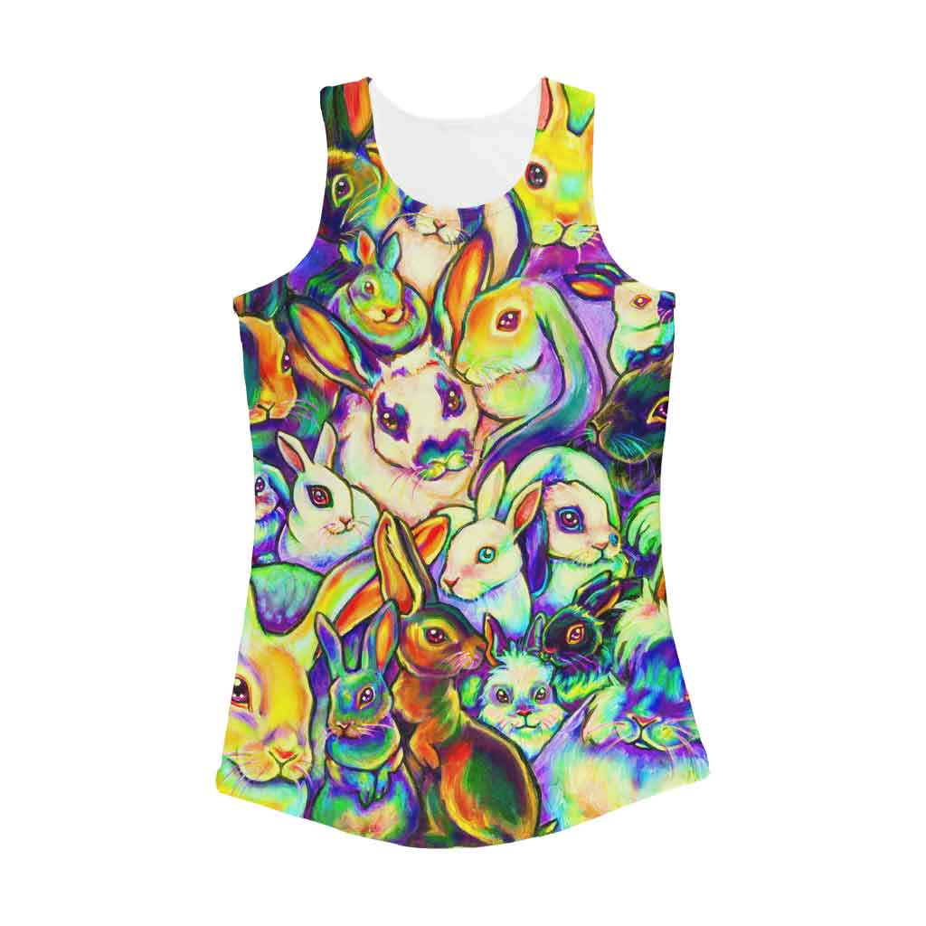 women's performance racerback tank top, with an all-over-print of different rabbit breeds, in rainbow colours