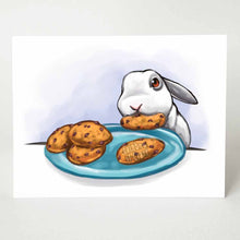 Load image into Gallery viewer, a greeting card with an illustration of a mini lop rabbit, next to a plate of cookies, with a stolen cookie in its mouth
