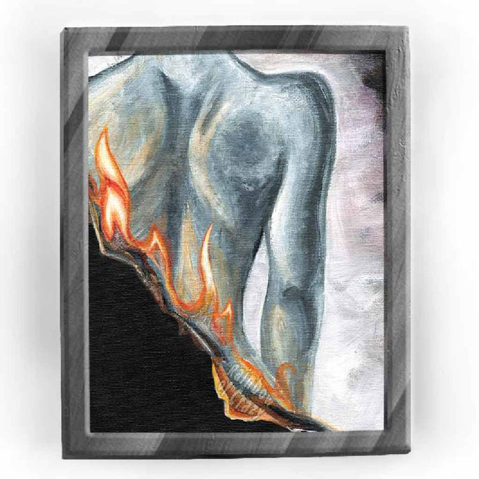 An art print, featuring an illustration of a female back, with the bottom of the image up in flames