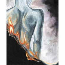 Load image into Gallery viewer, An art print, featuring an illustration of a female back, with the bottom of the image up in flames
