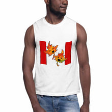 Load image into Gallery viewer, a man wearing a white unisex muscle tank top, featuring a print of a stylized Canada flag graphic with two smiling maple leaves in the middle
