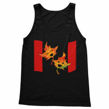 Load image into Gallery viewer, a women&#39;s tank top in the colour black, featuring a stylized Canada flag with two smiling maple leaves
