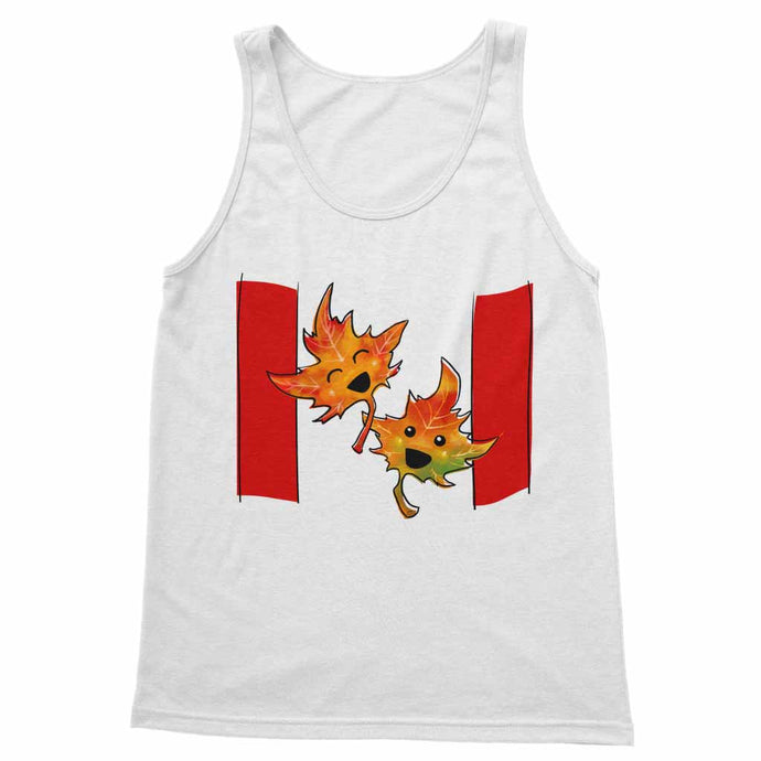 a women's tank top in the colour white, featuring a stylized Canada flag with two smiling maple leaves