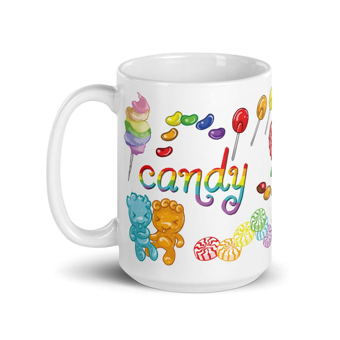 The Candy Lovers Mug, 15 oz size, features 10 different types of candy in all the colours of the rainbow