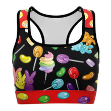 Load image into Gallery viewer, The Candy Lovers Sports Bra, featuring art of different rainbow candy.
