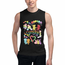 Load image into Gallery viewer, a man wearing a unisex tank top in the colour black, printed with a graphic of a variety of candy in rainbow colours, with the word &quot;candy&quot; in the center
