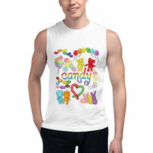 Load image into Gallery viewer, a man wearing a unisex tank top in the colour white, printed with a graphic of a variety of candy in rainbow colours, with the word &quot;candy&quot; in the center
