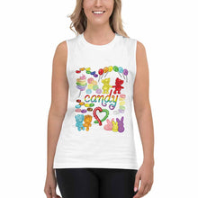 Load image into Gallery viewer, a woman wearing a unisex tank top in the colour white, printed with a graphic of a variety of candy in rainbow colours, with the word &quot;candy&quot; in the center
