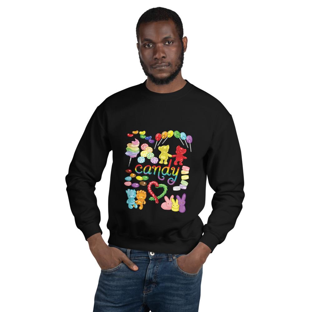 A man wearing the Candy Lovers Unisex Sweatshirt in the colour black. It features ten different types of candy in rainbow colours