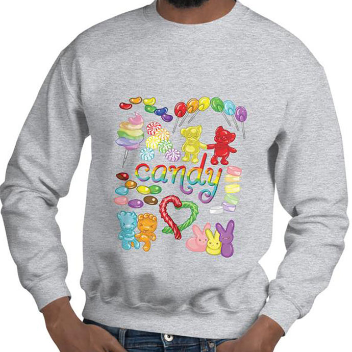 A man wearing the Candy Lovers Unisex Sweatshirt in the colour sport grey. It features a print of ten different types of candy in rainbow colours