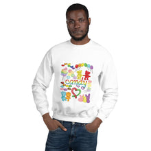 Load image into Gallery viewer, A man wearing the Candy Lovers Unisex Sweatshirt in the colour white. It features art of ten different types of candy in rainbow colours
