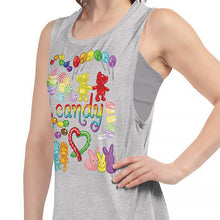 Load image into Gallery viewer, A woman is wearing the Candy Lovers Women&#39;s Muscle Tank Top, in the colour athletic heather grey, which is printed with an illustration of 10 types of candy in rainbow colours.
