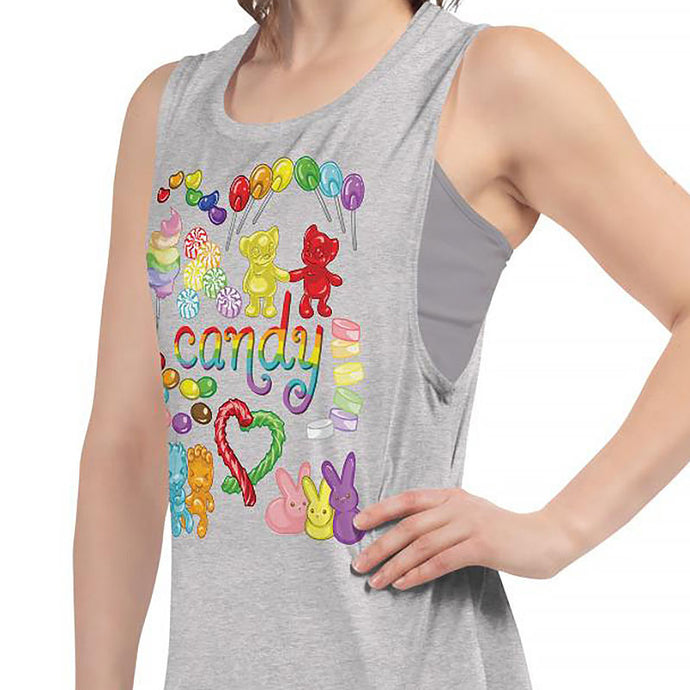 A woman is wearing the Candy Lovers Women's Muscle Tank Top, in the colour athletic heather grey, which is printed with an illustration of 10 types of candy in rainbow colours.