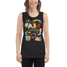 Load image into Gallery viewer, A woman is wearing the Candy Lovers Women&#39;s Muscle Tank Top, in the colour heather black, which is printed with artwork of 10 types of candy in rainbow colours.
