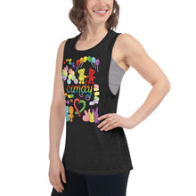 Load image into Gallery viewer, A woman is wearing the Candy Lovers Women&#39;s Muscle Tank Top, in the colour heather black, which is printed with a graphic of 10 types of candy in rainbow colours.
