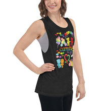 Load image into Gallery viewer, A woman is wearing the Candy Lovers Women&#39;s Muscle Tank Top, in the colour heather black, which is printed with artwork of 10 types of candy in rainbow colours.
