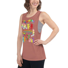 Load image into Gallery viewer, A woman is wearing the Candy Lovers Women&#39;s Muscle Tank Top, in the colour mauve, which is printed with artwork of 10 types of candy in rainbow colours.

