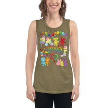 Load image into Gallery viewer, A woman is wearing the Candy Lovers Women&#39;s Muscle Tank Top, in the colour olive green, which is printed with a graphic of 10 types of candy in rainbow colours.
