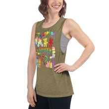 Load image into Gallery viewer, A woman is wearing the Candy Lovers Women&#39;s Muscle Tank Top, in the colour olive green, which is printed with art of 10 types of candy in rainbow colours.
