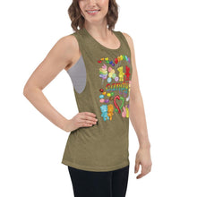 Load image into Gallery viewer, A woman is wearing the Candy Lovers Women&#39;s Muscle Tank Top, in the colour olive green, which is printed with an illustration of 10 types of candy in rainbow colours.
