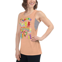Load image into Gallery viewer, A woman is wearing the Candy Lovers Women&#39;s Muscle Tank Top, in the colour peach, which is printed with an illustration of 10 types of candy in rainbow colours.
