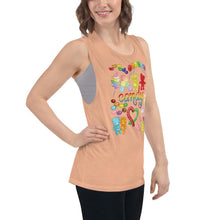 Load image into Gallery viewer, A woman is wearing the Candy Lovers Women&#39;s Muscle Tank Top, in the colour peach, which is printed with a graphic of 10 types of candy in rainbow colours.
