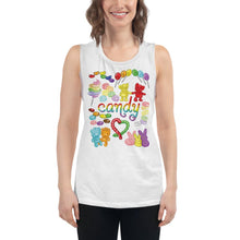 Load image into Gallery viewer, A woman is wearing the Candy Lovers Women&#39;s Muscle Tank Top, in the colour white, which is printed with artwork of 10 types of candy in rainbow colours.
