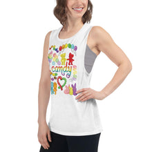 Load image into Gallery viewer, A woman is wearing the Candy Lovers Women&#39;s Muscle Tank Top, in the colour white, which is printed with a graphic of 10 types of candy in rainbow colours.
