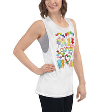 Load image into Gallery viewer, A woman is wearing the Candy Lovers Women&#39;s Muscle Tank Top, in the colour white, which is printed with art of 10 types of candy in rainbow colours.
