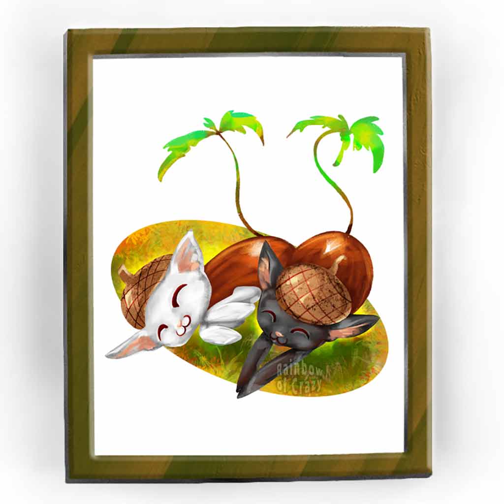 an art print featuring a digital illustration of a black cat and white cat painted as acorns, having a cat nap on the grass.