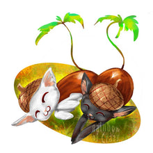 Load image into Gallery viewer, an art print featuring a digital illustration of a black cat and white cat painted as acorns, having a cat nap on the grass.
