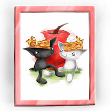 Load image into Gallery viewer, an art print featuring a black cat and a white cat with slices of apple pie on their heads, sitting in front of a giant apple.
