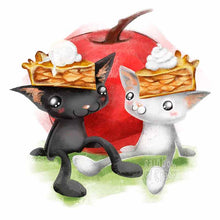 Load image into Gallery viewer, an art print featuring a black cat and a white cat with slices of apple pie on their heads, sitting in front of a giant apple.
