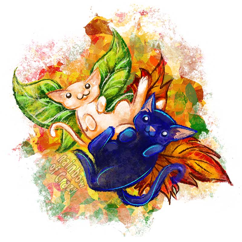 an art print featuring an illustration of a white and black cat, each with fairy wings made out of leaves, lying on top of a big pile of leaves.