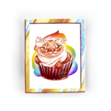 Load image into Gallery viewer, An art print featuring an illustration of a somali cat as a red velvet cupcake with rainbow sprinkles.

