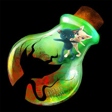 Load image into Gallery viewer, an art print featuring an illustration of a giant poison bottle, with a black cat and white cat inside, backed into the corner by a dark devilish shadow glowing red.
