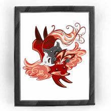 Load image into Gallery viewer, an art print featuring a digital illustration of a black cat and white cat, both looking a little scared, riding on the back of a giant fox with wings.
