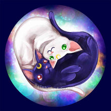 Load image into Gallery viewer, an art print of a white cat with green eyes, and a purple/black cat with red eyes, curled up in a shape of a heart. a galaxy of stars are behind them. tiny crescent moons are on their foreheads.
