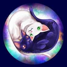 Load image into Gallery viewer, an art print of a white cat with green eyes, and a purple/black cat with red eyes, curled up in a shape of a heart. a galaxy of stars are behind them.
