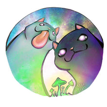 Load image into Gallery viewer, An illustration of a white cat and black cat staring hungrily at some glowing green mushrooms
