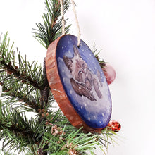 Load image into Gallery viewer, A Christmas tree wood ornament, hand painted with art of a Himalayan cat sleeping on snow.

