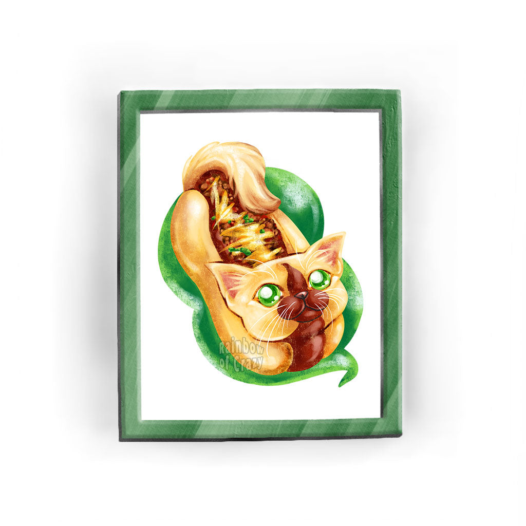 An art print that features an American Ringtail cat, painted as a chili cheese hot dog.
