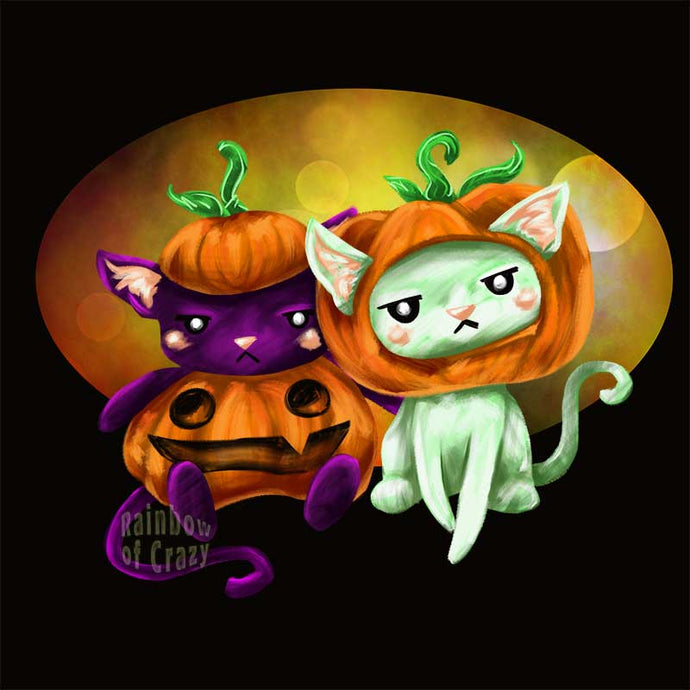 an art print featuring an illustration of a black cat and white cat looking very unimpressed in pumpkin costumes.