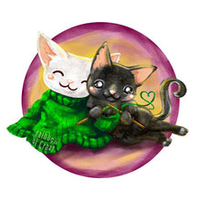Load image into Gallery viewer, an illustration featuring art work of a white cat wearing a green sweater, that&#39;s still being knit by a black cat.
