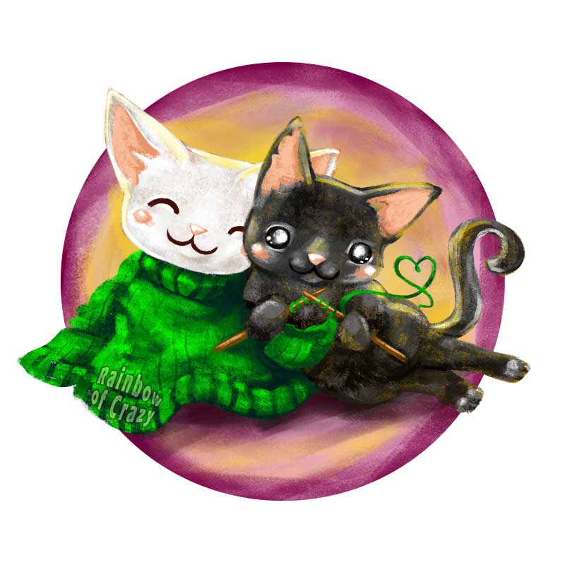 an illustration featuring art work of a white cat wearing a green sweater, that's still being knit by a black cat.