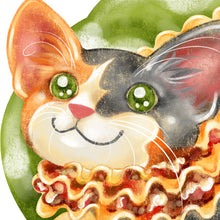 Load image into Gallery viewer, This art print features a cute munchkin cat painted as a delcious slice of lasagna.
